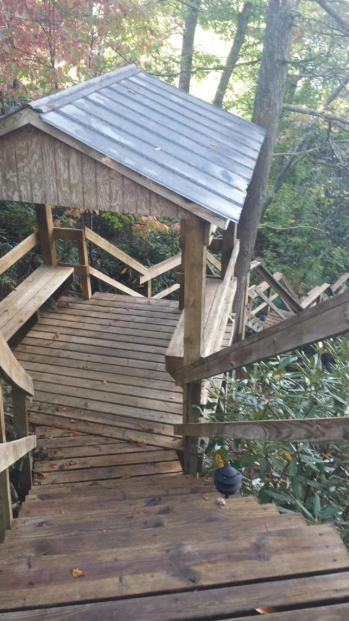 Metal roofed shelter over wooden steps on a wooded walkway — Skylight Repair & Installation work by our crew in Nancy